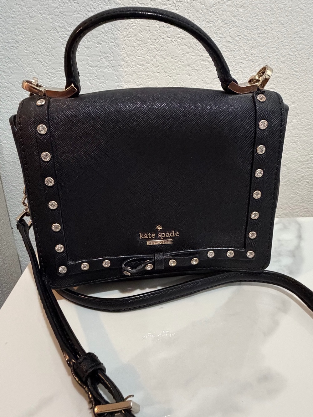 KATE SPADE Black Studded Top-Handle Satchel with Crossbody Strap
